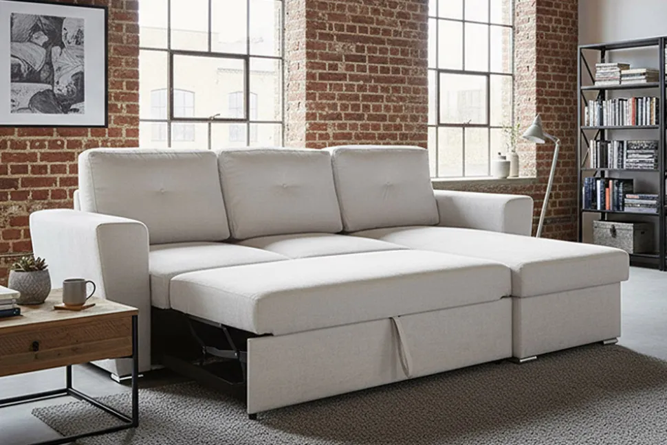 Schlafecksofa APARTMENT 245cm beige Strukturstoff inkl. Stauraum beidseitig aufbaubar