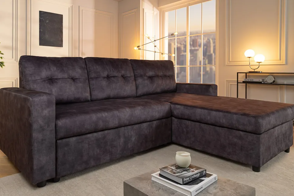 Schlafecksofa APARTMENT 205cm grau Samt 3-Sitzer inkl. Stauraum beidseitig aufbaubar