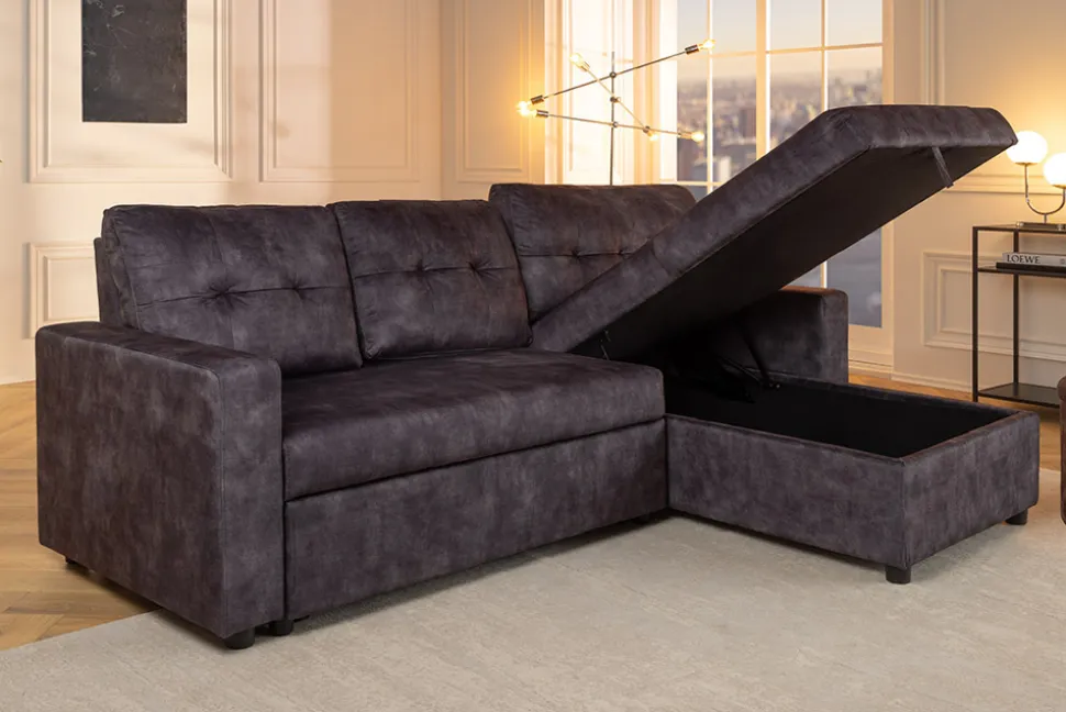 Schlafecksofa APARTMENT 205cm grau Samt 3-Sitzer inkl. Stauraum beidseitig aufbaubar