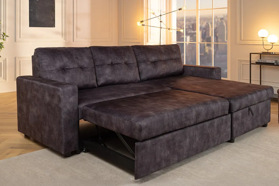 Schlafecksofa APARTMENT 205cm grau Samt 3-Sitzer inkl. Stauraum beidseitig aufbaubar
