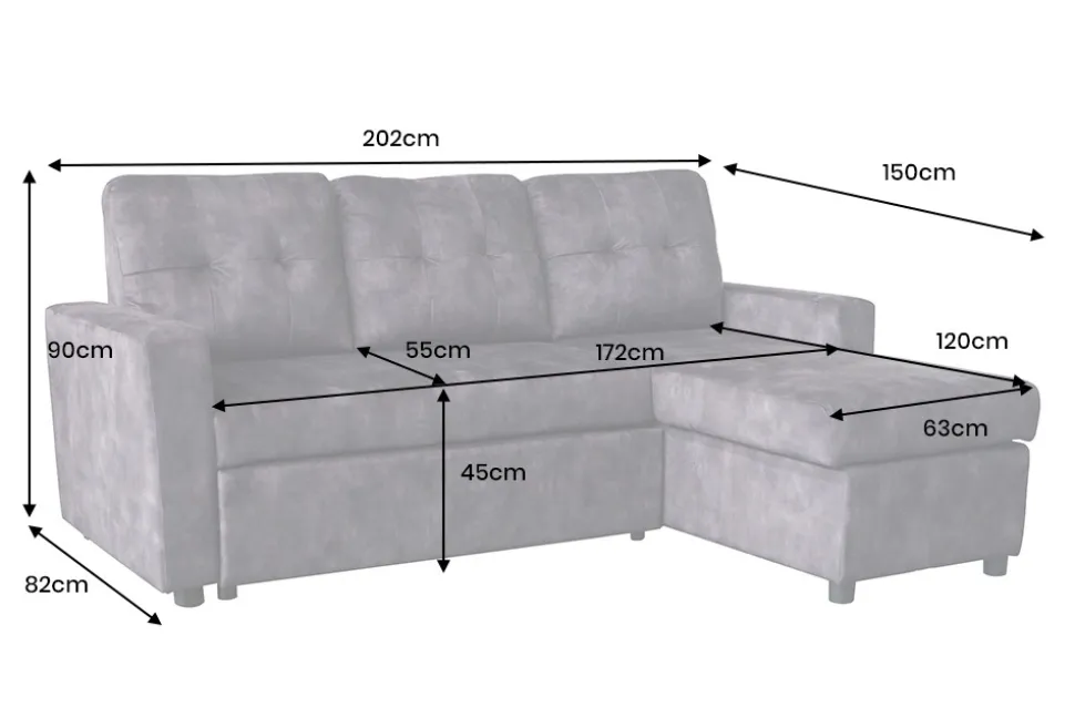 Schlafecksofa APARTMENT 205cm grau Samt 3-Sitzer inkl. Stauraum beidseitig aufbaubar