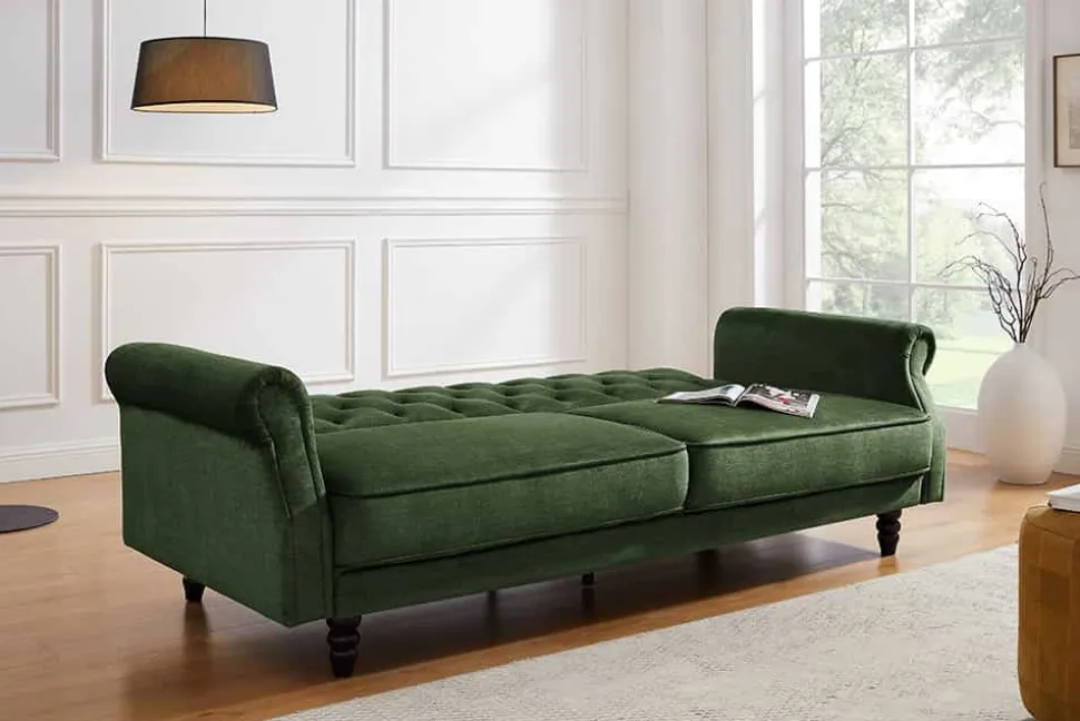 3-Sitzer Sofa MAISON BELLE AFFAIRE 220cm moosgrün Vogue Velours Samt Schlaffunktion