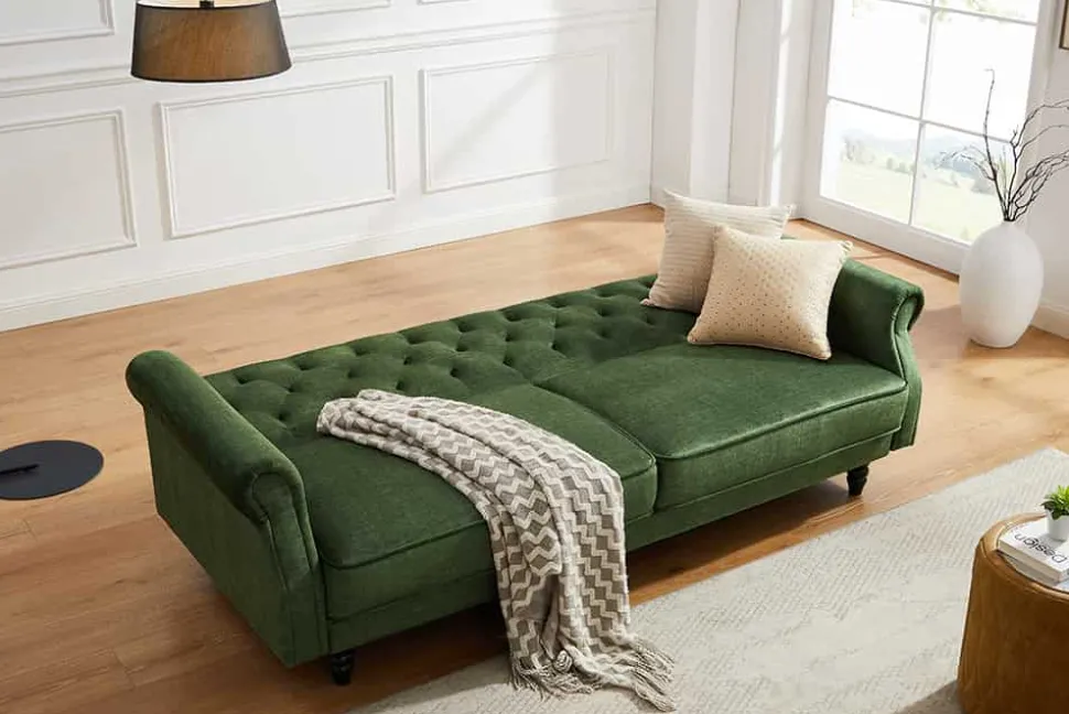 3-Sitzer Sofa MAISON BELLE AFFAIRE 220cm moosgrün Vogue Velours Samt Schlaffunktion