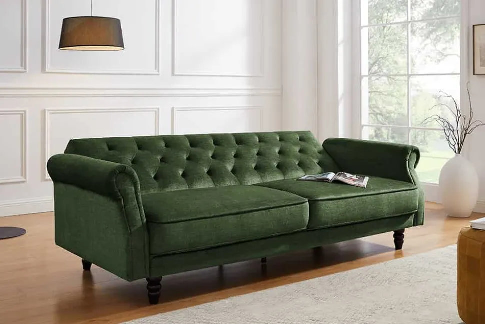 3-Sitzer Sofa MAISON BELLE AFFAIRE 220cm moosgrün Vogue Velours Samt Schlaffunktion