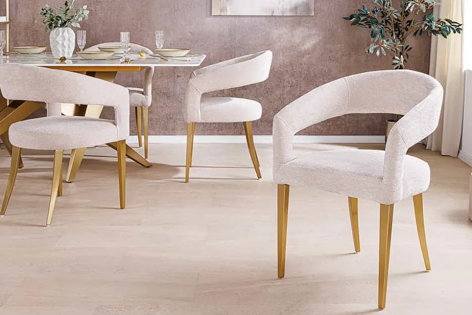 Skandinavischer Stuhl BOUTIQUE beige Strukturstoff brushed champagner gold Metall