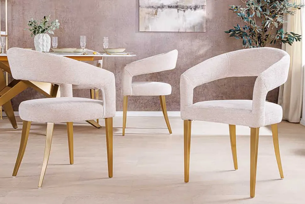 Skandinavischer Stuhl BOUTIQUE beige Strukturstoff brushed champagner gold Metall