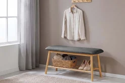Stilvolle Schuhbank ZEN-BO 90cm natur grau Bambus Regal Sitzbank mit Stauraum
