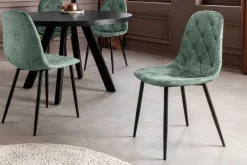 Stilvoller Stuhl GLAMM grün Chenille Cremona mit Rauten-Steppung schwarze Metallbeine