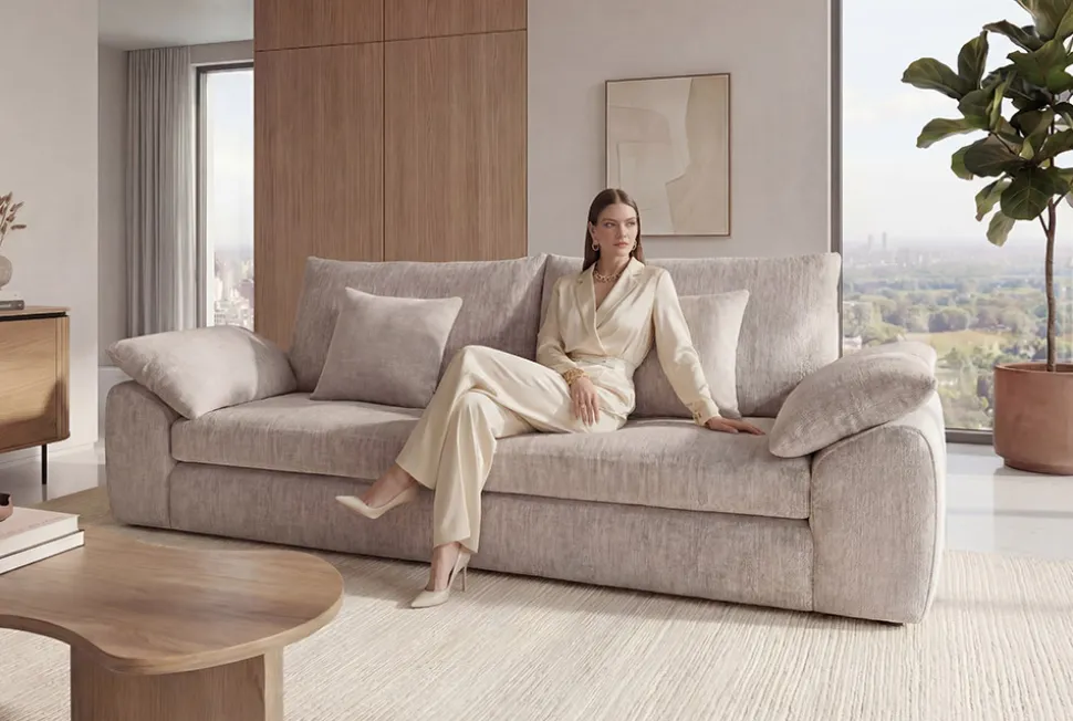 Stilvolles Big Sofa SOHO 260cm beige Chenille 4-Sitzer Couch mit Wellenunterfederung