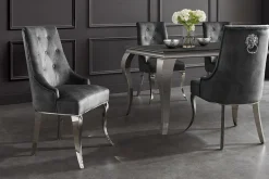 Stuhl MODERN BAROCK DELUXE grau Samt silber Edelstahlbeine mit Löwenkopf