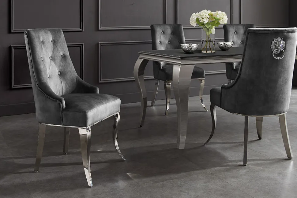 Stuhl MODERN BAROCK DELUXE grau Samt silber Edelstahlbeine mit Löwenkopf