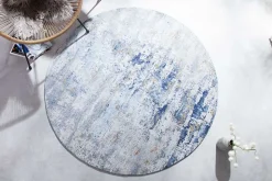 Vintage Teppich MODERN ART 150cm blau verwaschen rund Used Look