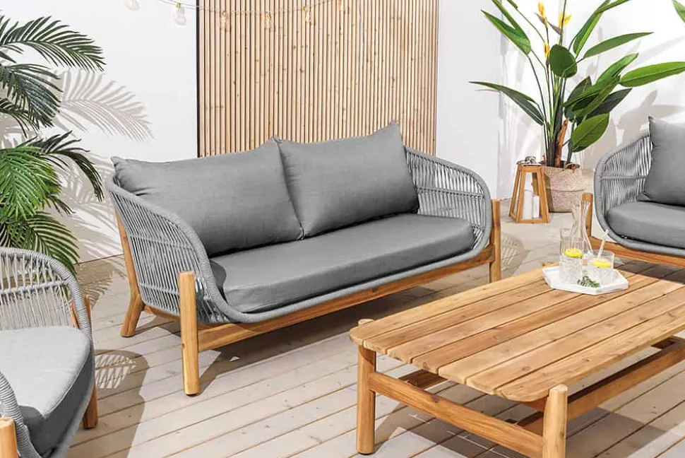 Wetterfestes Gartenlounge Set ROPE grau natur Akazienholz Aluminium inkl. Tisch Sitzpolster
