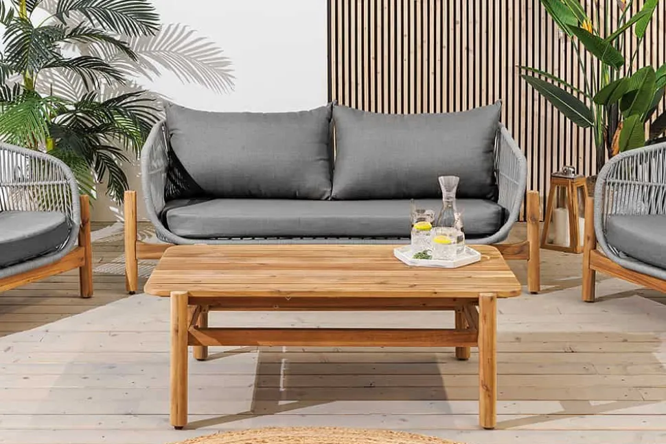 Wetterfestes Gartenlounge Set ROPE grau natur Akazienholz Aluminium inkl. Tisch Sitzpolster