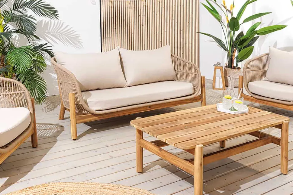 Wetterfestes Gartenlounge Set ROPE natur beige Akazienholz Aluminium inkl. Tisch Sitzpolster