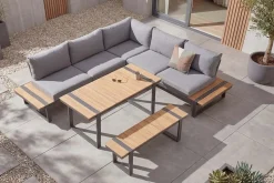 Wetterfestes Gartenmöbel Set TAMPA LOUNGE 250cm grau Aluminium inkl. Sitzbank Tisch Kissen