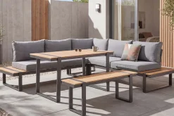 Wetterfestes Gartenmöbel Set TAMPA LOUNGE 250cm grau Aluminium inkl. Sitzbank Tisch Kissen