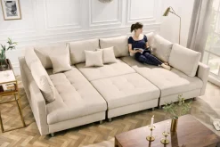 XXL Wohnlandschaft KENT 305cm champagner beige Vogue Velours Samt Federkern mit Hocker