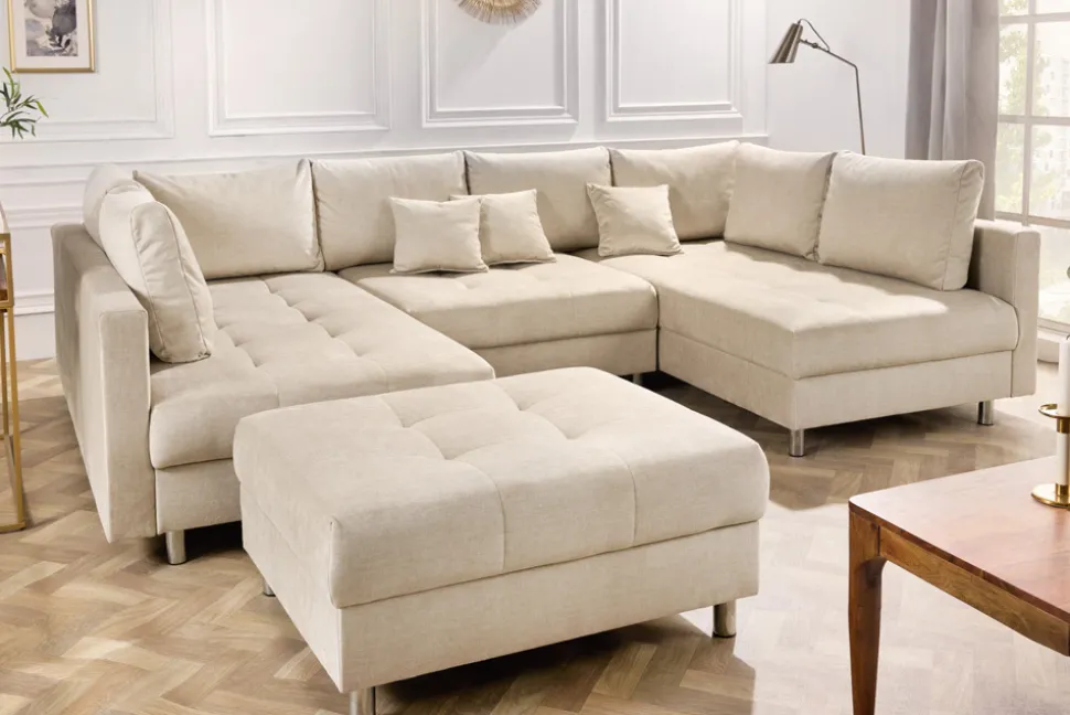XXL Wohnlandschaft KENT 305cm champagner beige Vogue Velours Samt Federkern mit Hocker